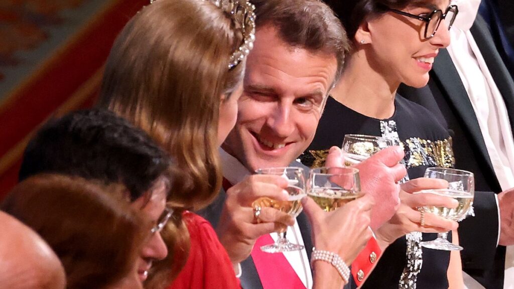 El presidente francés, Emmanuel Macron, le da a la princesa Kate Middleton Cheeky Wink en el banquete estatal