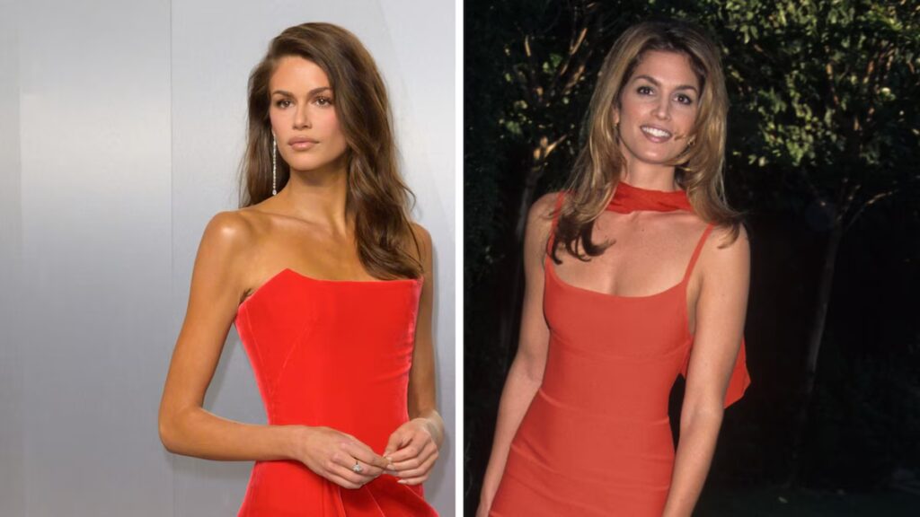 Kaia Gerber canaliza el icónico vestido rojo intenso de Cindy Crawford de 1995 con un sensual look de terciopelo sin tirantes