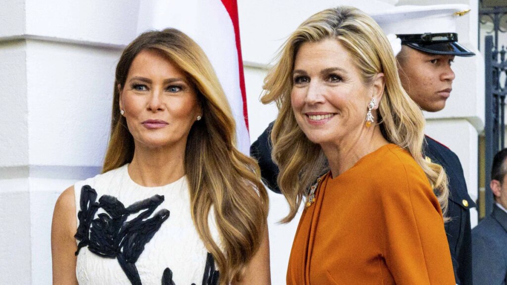 El escultural vestido floral de Melania Trump contrasta con el atrevido look naranja de la Reina Máxima en la Casa Blanca